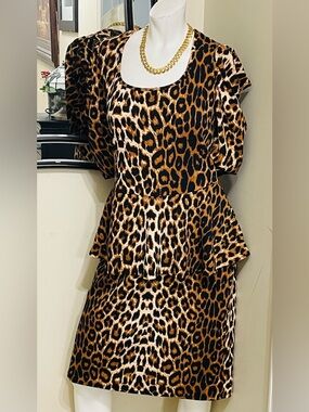 Ashley Stewart Leopard Peplum Mini Dress in Brown and Black